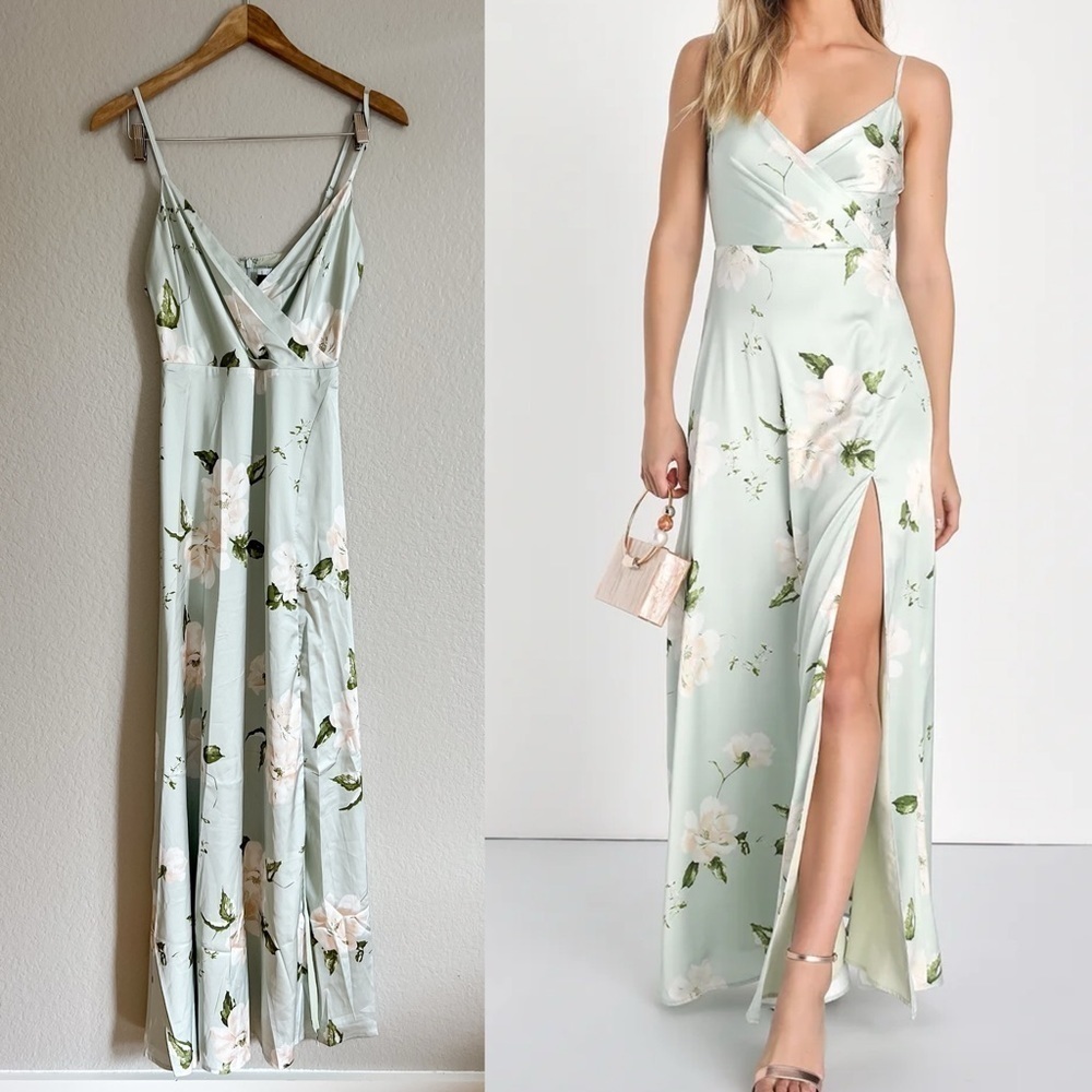 NWOT Lulus Radiant Occasion Light Green Floral Satin A-Line Maxi Dress